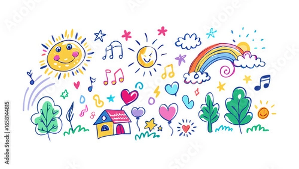 Fototapeta Whimsical children s drawing of a colorful landscape with a smiling sun rainbow musical notes hearts and a small house