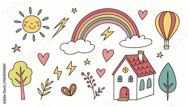 Fototapeta Whimsical collection of hand drawn elements including a smiling sun rainbow hot air balloon house trees hearts stars and lightning bolts