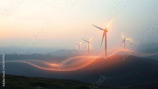 Fototapeta Wind Turbines on Mountain Ridge - Clean Energy Conceptual Image for Sustainability Campaigns, Renewable Power Presentations, and Eco-Friendly Initiatives