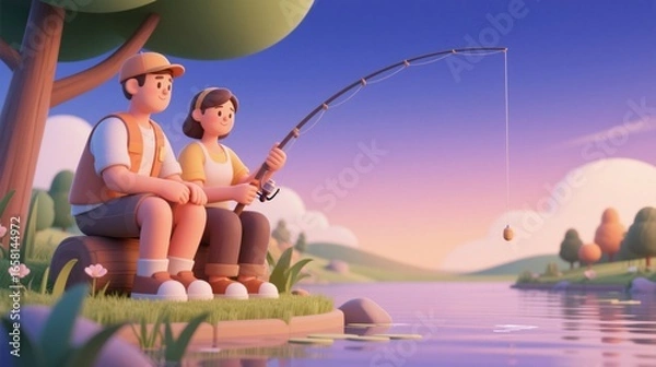 Fototapeta 3D illustration of a couple fishing by a lake at sunset. Concept of relationship, quality time, slow living and mindfulness.