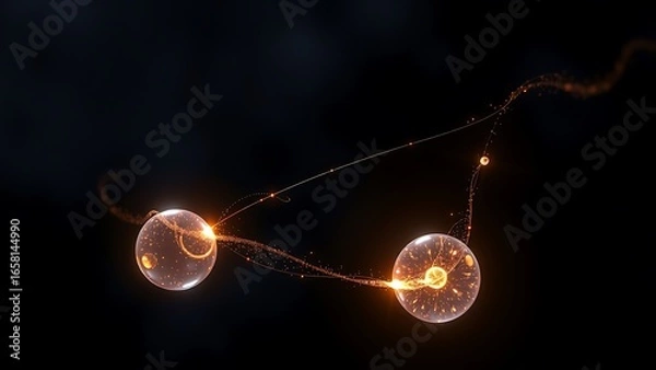 Fototapeta Abstract Particle Flow: Two Spheres Connected by a Glowing Filament - Conceptual Visualization for Science, Technology, and Futuristic Designs