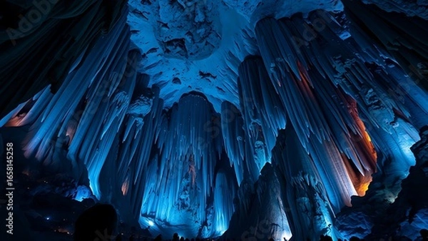 Fototapeta Dramatic Cave Interior with Stalactites - Abstract Rock Formations for Science, Travel, and Exploration