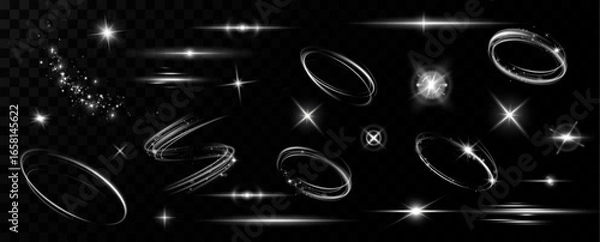 Fototapeta Light effects.Wind glare, explosions, shine, dust, lines, solar flares, sparks, sequins, stars, curved curls. Glow special effect of light	