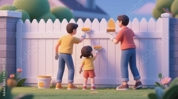 Fototapeta 3D illustration of a family painting a picket fence in the backyard. Concept of home improvement, togetherness, happy family activity and bonding.