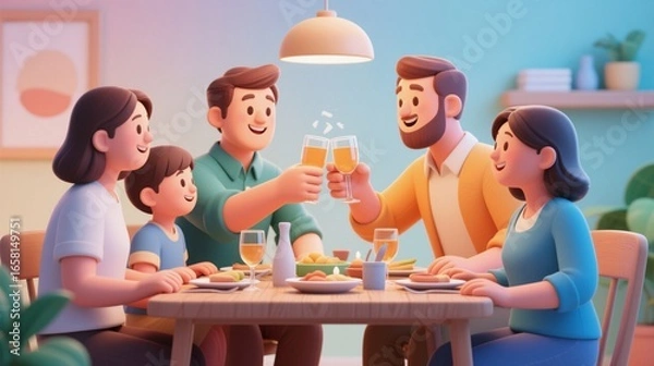Fototapeta Happy family with friends, five people toasting during a celebration dinner at home. Concept of togetherness, community and cozy lifestyle in 3D cartoon illustration.