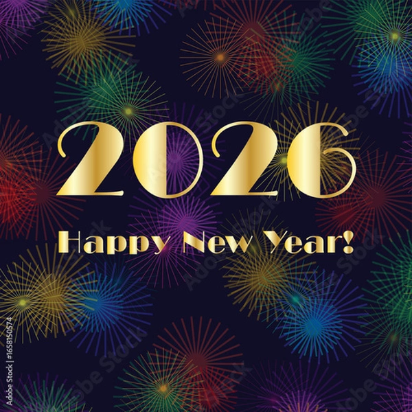 Fototapeta 2026 gold happy new year with bright fireworks background pattern on black