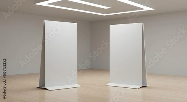 Fototapeta Two Blank Vertical Banner Stand Mockups in a Modern Indoor Exhibition Space
