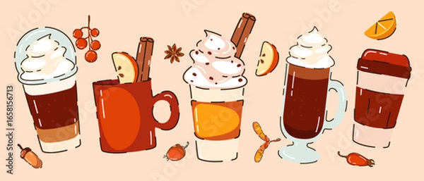 Fototapeta Background with autumn, winter hot drinks. Pumpkin latte, hot chocolate, coffee with cream, cocoa. Banner with drinks. Vector illustration.
