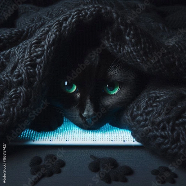 Fototapeta A velvety black cat burrowed into a pile of black knitted blankets, only its nose and feverish green eyes visible. A cooling pad emits a soft blue glow beneath it, with shadowy pawprint trails fading 
