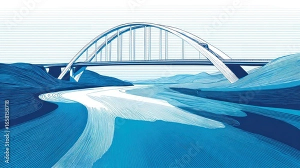 Obraz A stylized illustration of a modern arch bridge spanning a meandering river valley, rendered in cool blues and whites with a linear texture
