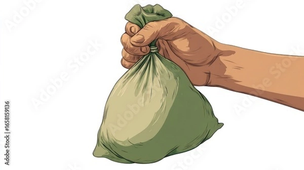 Fototapeta A hand holds a loosely tied, olive-green cloth sack against a stark white background; the style is reminiscent of vintage illustration