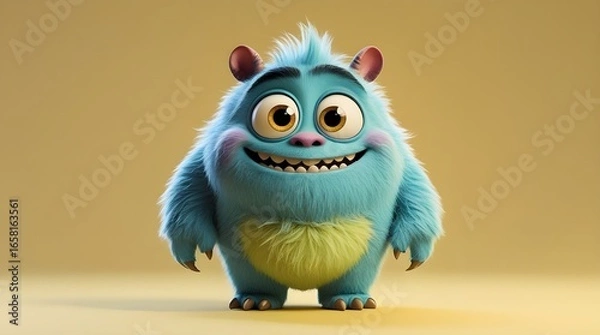Fototapeta A small monster creature with a round body shape and long arms is smiling at the camera