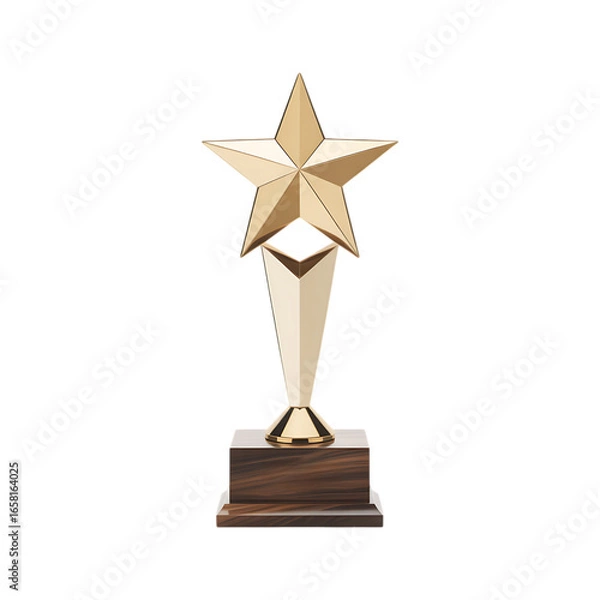 Fototapeta A golden star award trophy on a wooden base.  Success, achievement, victory.