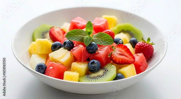 Obraz A vibrant fruit salad with a mix of strawberries, kiwi, blueberries, and pineapple, garnished with mint leaves and a sprig of mint, served in a white bowl on a white tablecloth.