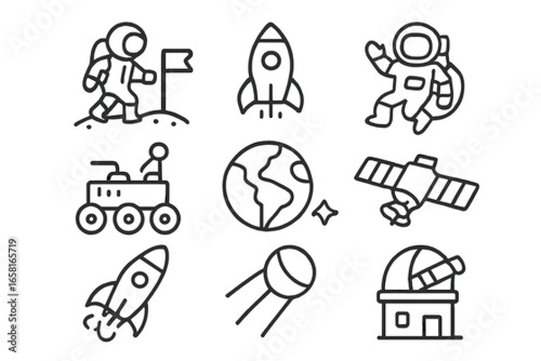 Fototapeta Space exploration icons set with astronauts, rockets, satellites, planetary rover, Earth, observatory, minimalist line style, vector illustration for science technology education