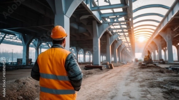 Fototapeta Structural Engineer Inspecting Steel Framework of Large Infrastructure Project with Softbox Lighting and Bokeh Effect in Wide Shot Composition