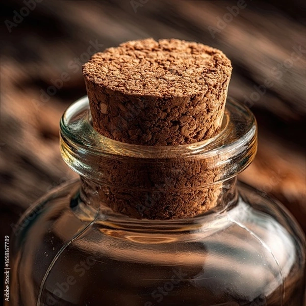 Fototapeta Macro shot of glass bottle with cork