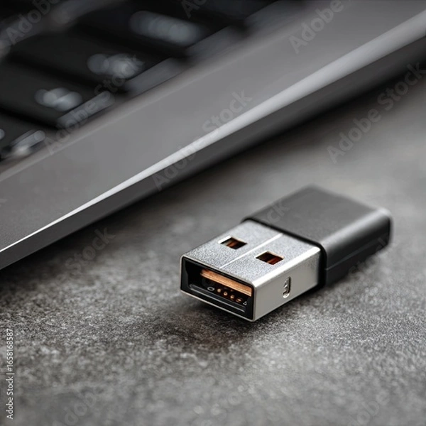 Fototapeta Macro shot of USB flash drive in laptop