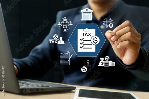 Fototapeta  Tax payment deduction planning, financial cost reduction, and income tax optimization management. Calculating income and expenses 