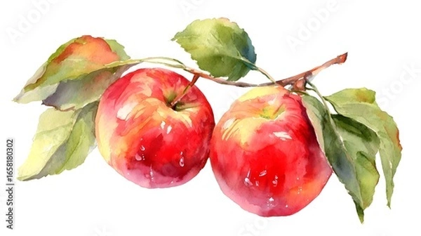 Fototapeta Watercolor painting of red apples with green leaves on a branch isolated on white background.