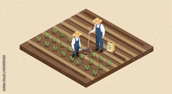 Fototapeta Farmers Planting Seeds in Rows on Farm in isometric view for environmental project