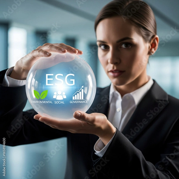 Fototapeta Businesswoman Holding a Luminous Sphere with ESG Icons, Representing Sustainable and Ethical Corporate Strategy