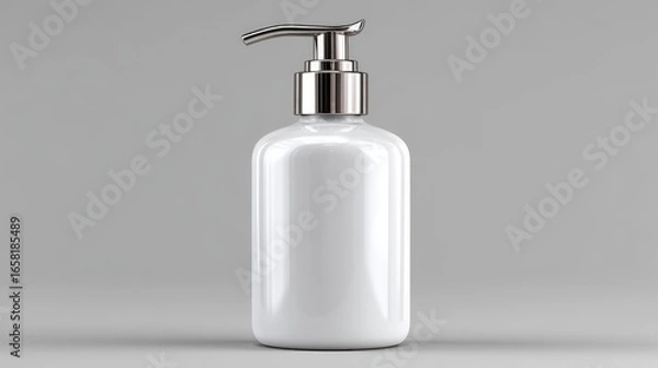 Obraz White cosmetic dispenser bottle with pump on gray background for product branding.