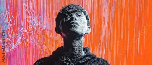 Fototapeta Contemplative Asian man with dotted skin texture looking up in vibrant orange background Concept of digital art, technology, and futuristic portrait