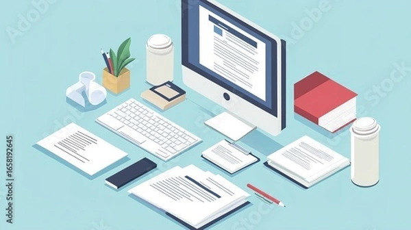 Fototapeta A modern workspace featuring a computer, documents, stationery, and a plant, designed for productivity and organization.