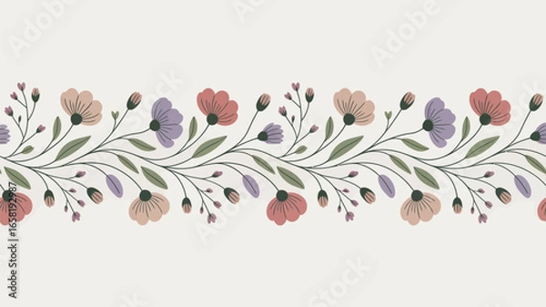 Obraz Floral border design featuring stylized flowers and leaves in pastel colors on a light background