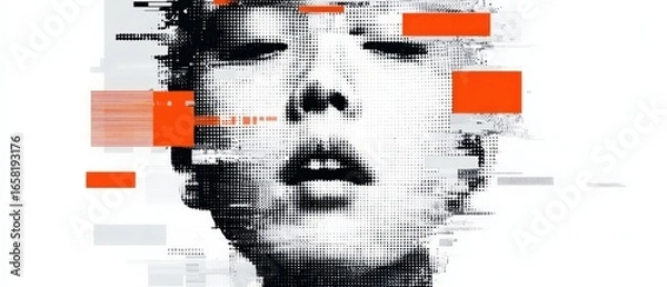 Fototapeta Abstract halftone portrait of a young woman with glitch art effect in orange and gray Concept of digital distortion, technology, and modern art