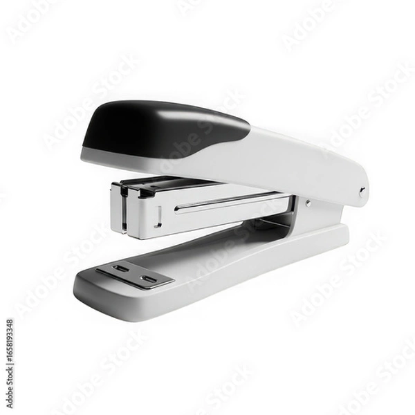 Fototapeta A modern white stapler isolated on transparent background, a common office supply used for fastening papers together