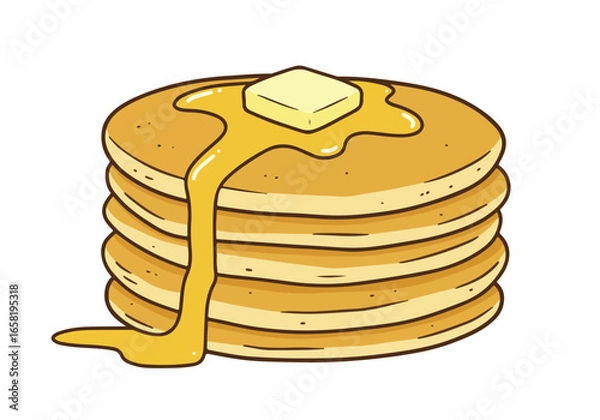 Fototapeta Stacked pancakes with butter and dripping syrup on white background for food blog use