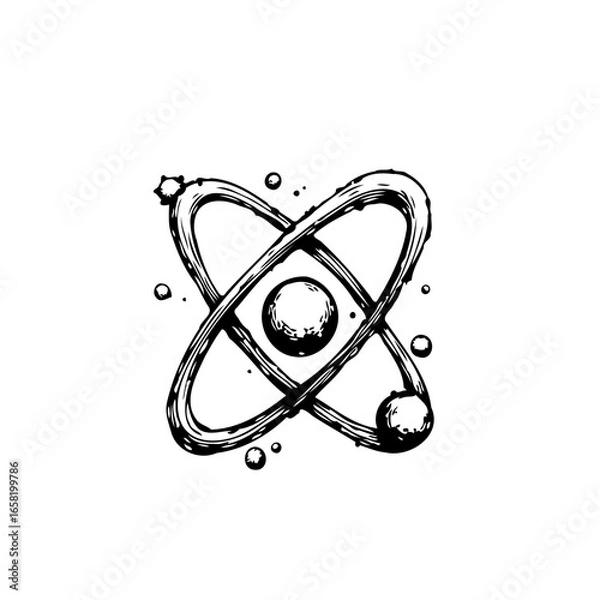 Fototapeta Hand drawn atom model design, conceptual physics illustration, atomic structure and subatomic particles scientific research exploration