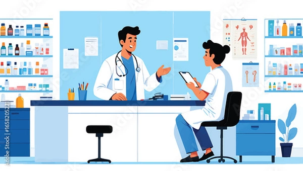 Obraz Healthcare professionals consulting in a modern medical clinic. A doctor provides advice to a colleague, surrounded by various medical supplies. Bright vector illustration.