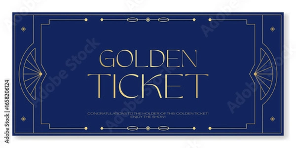 Fototapeta Art deco golden ticket template in a blue background. For any festive stylish event. For web and print.