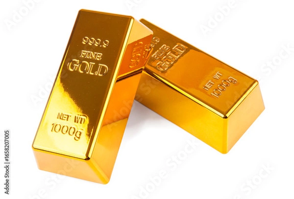 Fototapeta Gold bullion isolated on white background. Golden ingot with clipping path