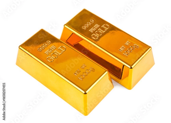 Fototapeta Gold bullion isolated on white background. Golden ingot with clipping path