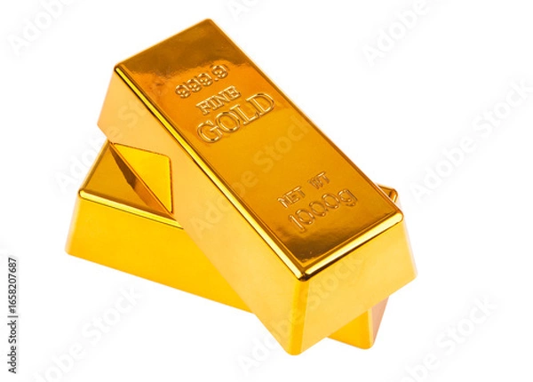 Fototapeta Gold bullion isolated on white background. Golden ingot with clipping path