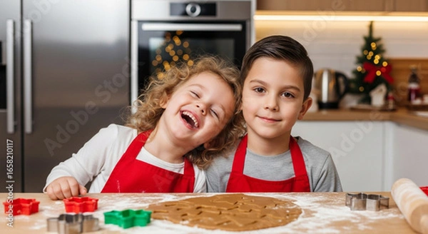 Fototapeta Two adorable and happy children a laughing girl and a focused boy have fun together making Christmas cookies in the kitchen a perfect scene of holiday baking