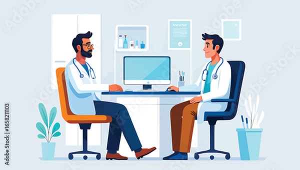 Fototapeta Vector illustration of two male doctors having a professional consultation in a modern medical clinic office with a computer