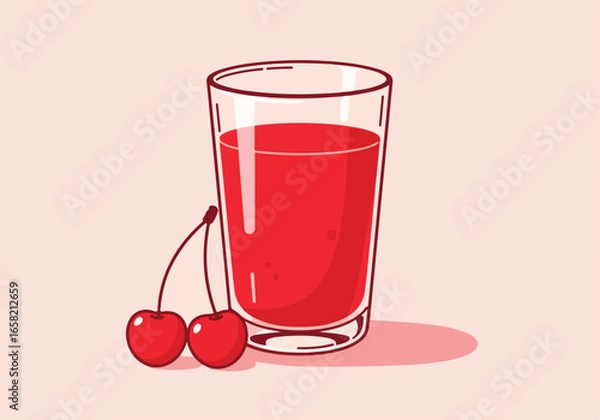 Fototapeta Cold cherry juice and fruit on table for summer drinks ad in background