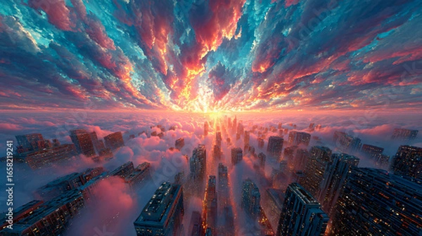 Fototapeta Futuristic City Above Clouds at Sunset