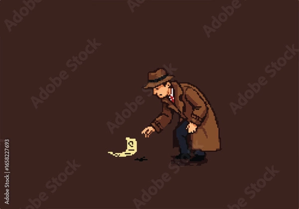 Fototapeta Pixel man picking up document on ground in plain background for retro game