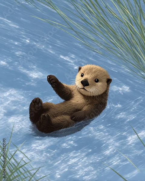 Fototapeta An otter floating on the water