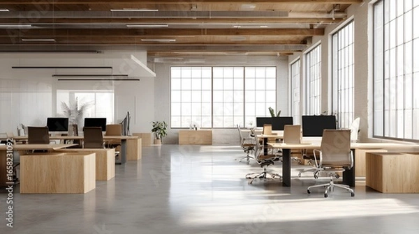 Fototapeta A softly modern office interior with large windows showcasing a stunning urban city view at sunset. Featuring elegant wooden desks, lush green plants, and warm lighting, creating a modern.