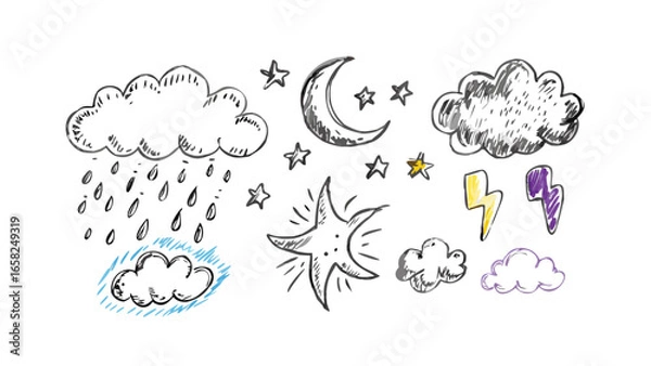 Fototapeta Hand drawn weather elements including clouds, rain, stars, moon and lightning in a sketch style drawing