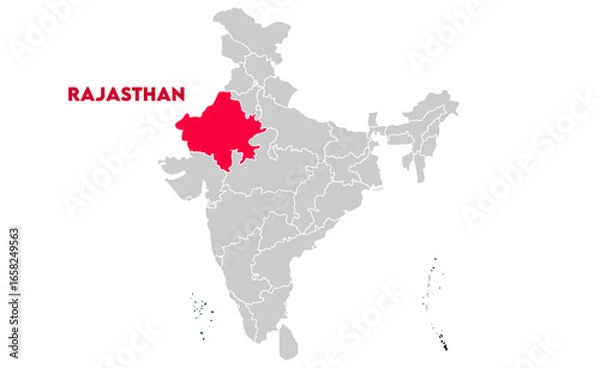 Fototapeta Rajasthan map highlighted with name, Indian states, suitable for education, business, presentations, print, web use, and creative geographic projects. Indian union territory.
