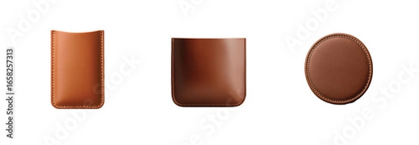 Fototapeta Leather pouch collection showing various styles and shapes in different rich brown tones