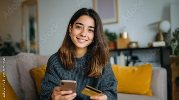 Fototapeta A woman is sitting on a couch with a cell phone and a credit card in her hands